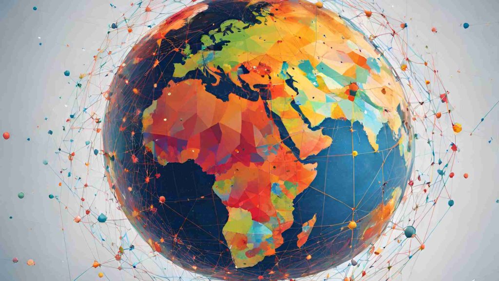 Imagine a blog page header that artfully combines the global reach and intricate analysis inherent in geostatistics. At the center, a digital globe radiates with vibrant colors, its surface dotted with points and interconnected lines, symbolizing the worldwide application of geostatistical methods. Emerging from various points on the globe, 3D charts, graphs, and histograms stretch upwards, each representing different geostatistical analyses, from variograms to spatial regressions.