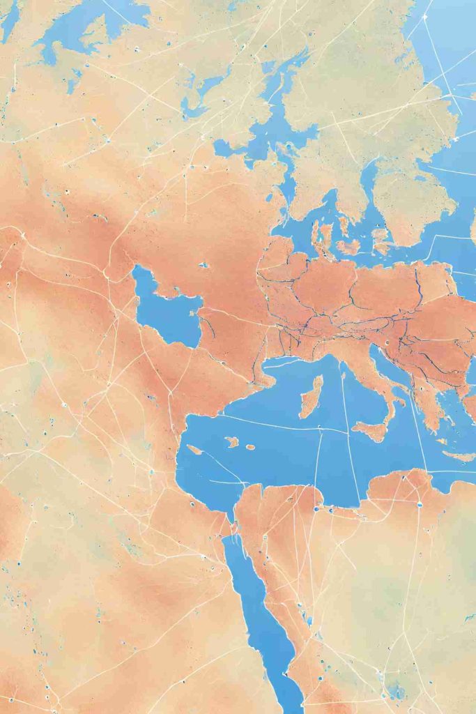 Visualize a header image for a geostatistics blog page that immediately captures the essence and depth of the field. This image features a sleek, high-resolution map as its foundation, with layers of data points scattered across continents, each point connected by flowing, neon lines that signify the intricate relationships and patterns geostatistics uncovers within spatial data.