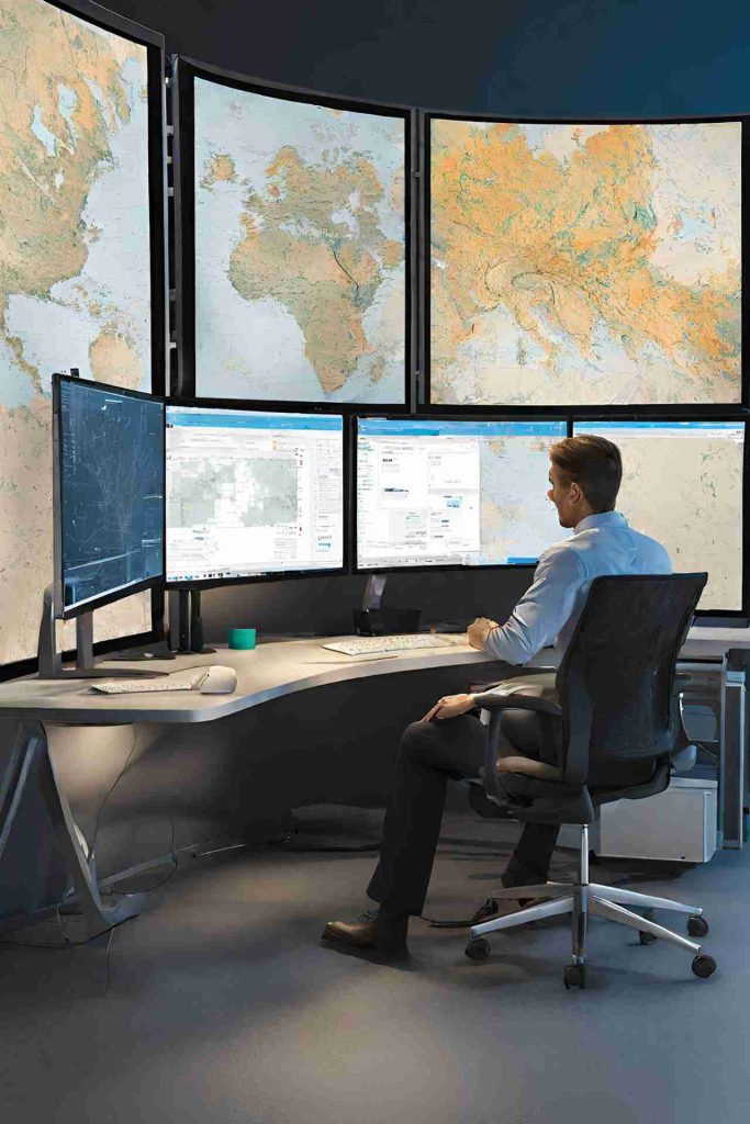 Visualize a well-lit, contemporary workspace featuring a large, curved monitor displaying a vibrant, detailed map with intricate patterns and symbols. On the secondary monitor, complex datasets and analysis software are visible, illustrating the data underpinning the map’s creation. The desk is equipped with advanced tools like a high-precision digital pen and tablet, reference books on geography and cartography, and perhaps a coffee cup, suggesting long hours of dedicated work.